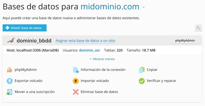 Base de datos en Plesk con phpMyAdmin