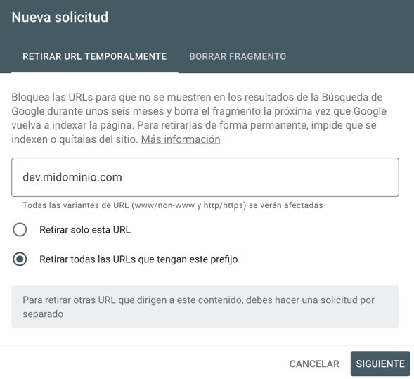 Excluir entorno desarrollo de Google