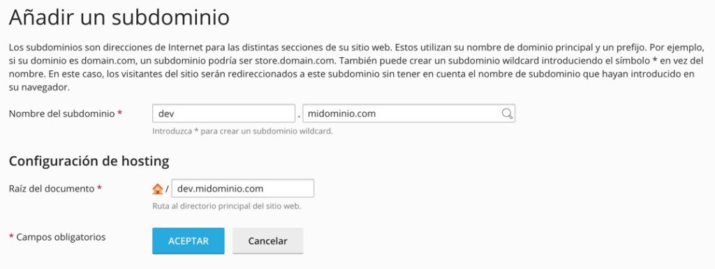 Subdominio de desarrollo en Plesk